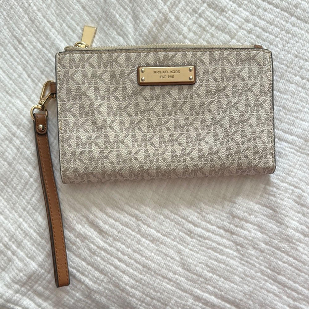 Michael Kors Cream and Brown Clutch Wristlet with Monogram